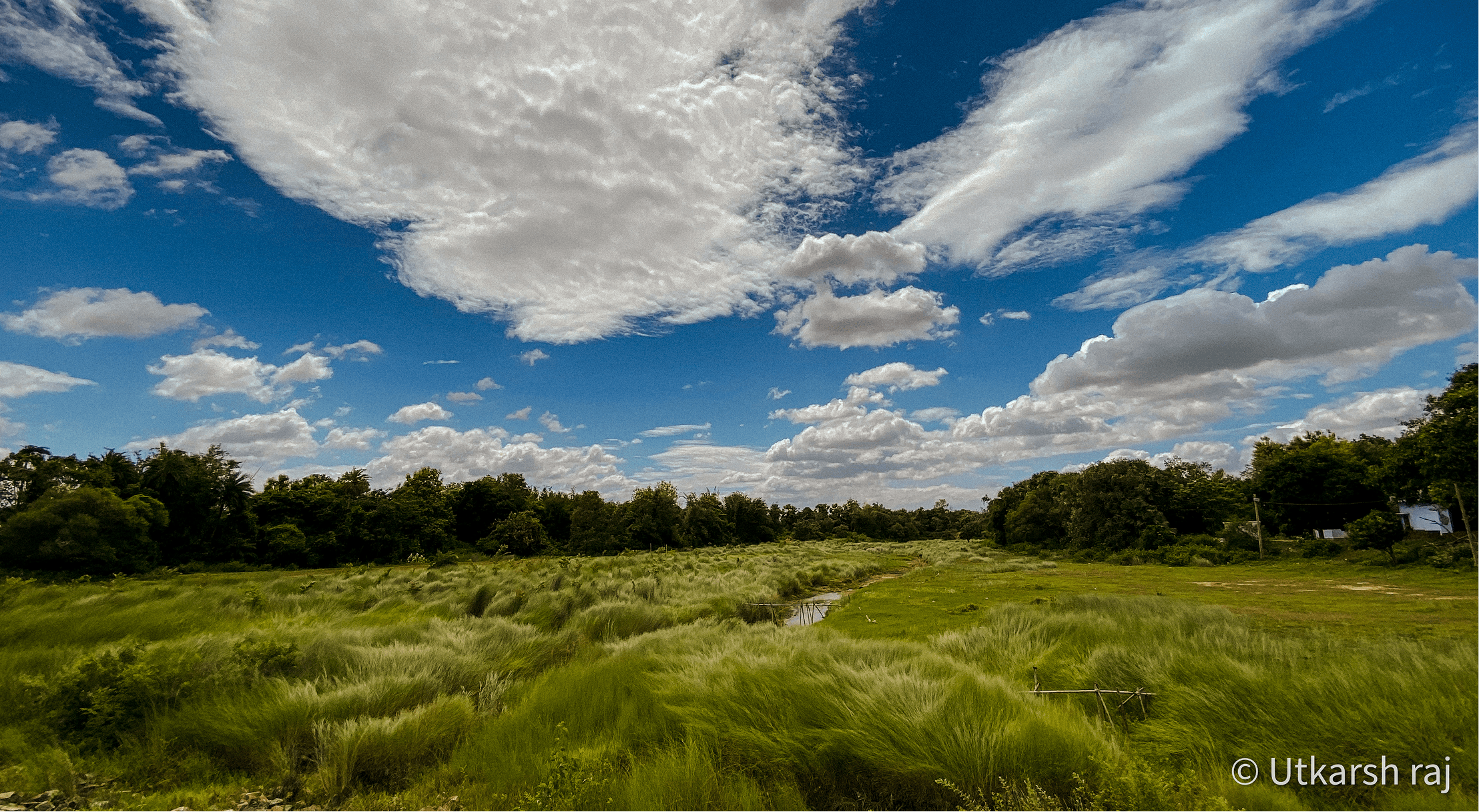 Wide green meadow under a dramatic blue sky with clouds